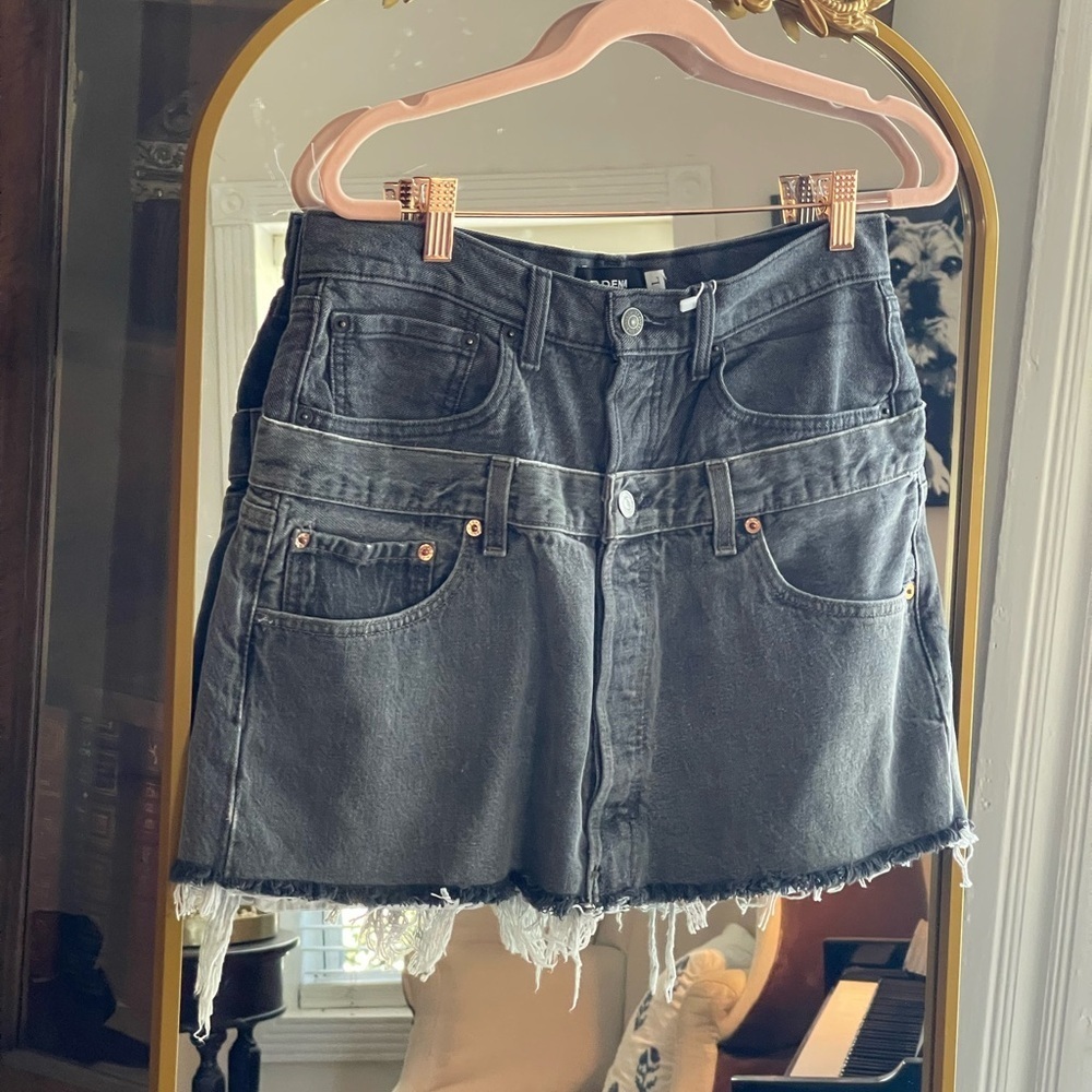 EB Denim NWT Reinvented Double Upcycled Levi’s Denim Mini Skirt in Black Wash